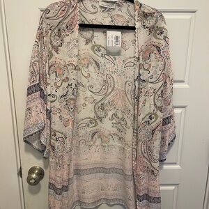 Cherish White Paisley Print Lightweight cover up with Pink and Green Accents
